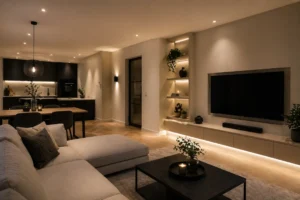 Moderne woonkamer met slim verdeelde verlichting en warme lichtlagen voor optimaal comfort