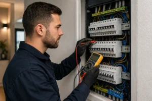 Elektricien controleert elektrische installatie met multimeter in groepenkast