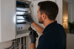 Elektricien controleert een groepenkast en onderzoekt een stroomgroep die onverwacht blijft uitvallen in een woning.