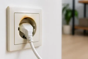 Warm stopcontact met stekker in muur, lichte verkleuring zichtbaar door oververhitting
