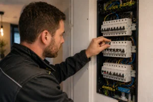 Elektricien controleert groepenkast en zekeringen in woning bij stroomstoring