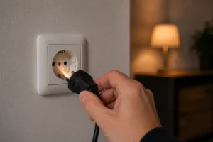 Stopcontact geeft een kleine vonk terwijl een stekker wordt aangesloten in een woning met warme verlichting.