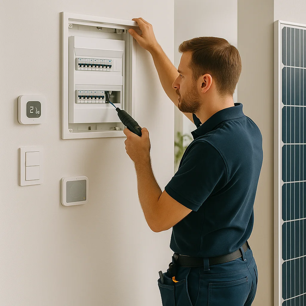 Elektricien werkt aan meterkast met moderne domotica-installatie in Dordrecht.