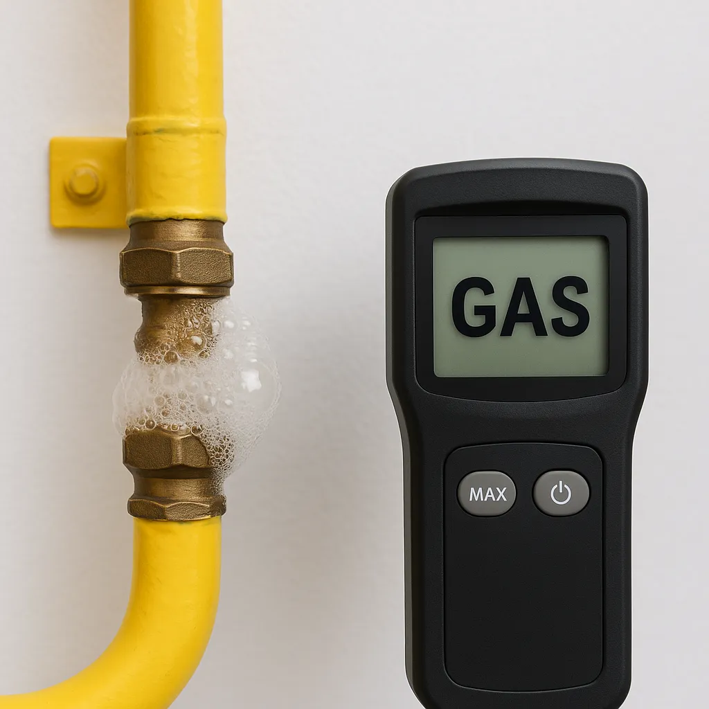 Een lekdetector toont het woord "GAS" terwijl bellen zichtbaar zijn op een lekkend messing koppelpunt in een gele gasleiding