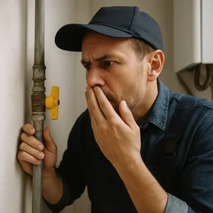 Een loodgieter inspecteert een gasleiding op een mogelijk lek in een woning, geconcentreerd kijkend naar het afsluitventiel