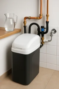 Moderne waterontharder aangesloten in een nette technische ruimte, met koperen leidingen en glazen waterkan