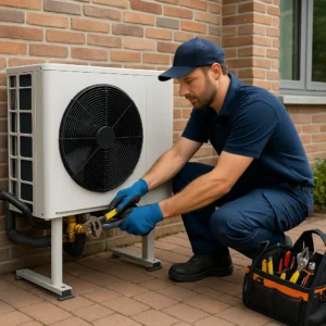 Monteur installeert een warmtepomp buiten een woning met behulp van gereedschap.