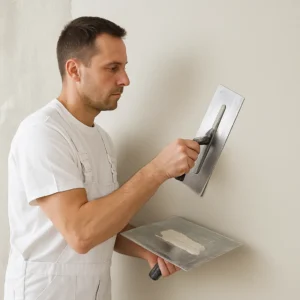 Installatiemonteur werkt aan badkamerwand met witte werkkleding en professioneel gereedschap.
