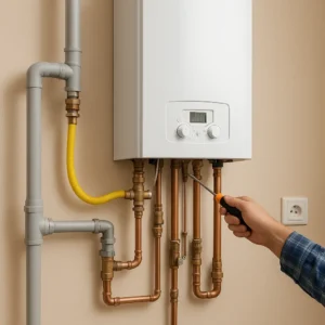 Technicus stelt een moderne wandketel af met koperen leidingen en aansluitingen.