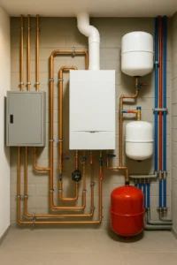 Moderne cv-installatie met leidingen, expansievaten en een witte cv-ketel in een technische ruimte