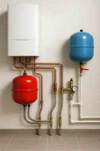 Cv-ketel met expansievat en waterdrukvat, strak gemonteerd aan een muur