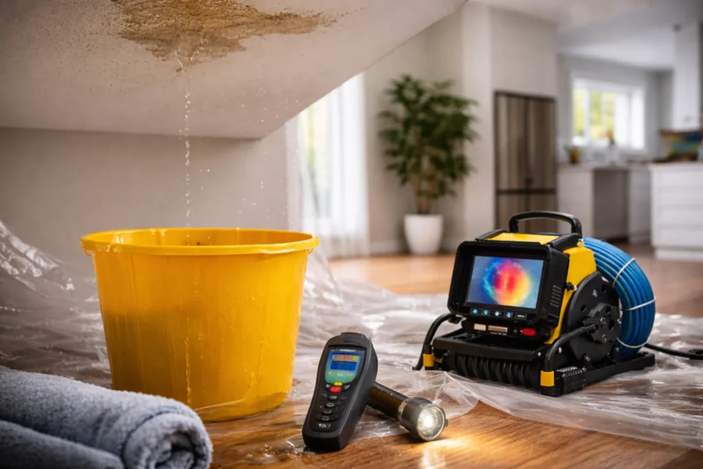 Plafondlekkage in woning met druppelend water, opvangemmer en professionele lekdetectieapparatuur.
