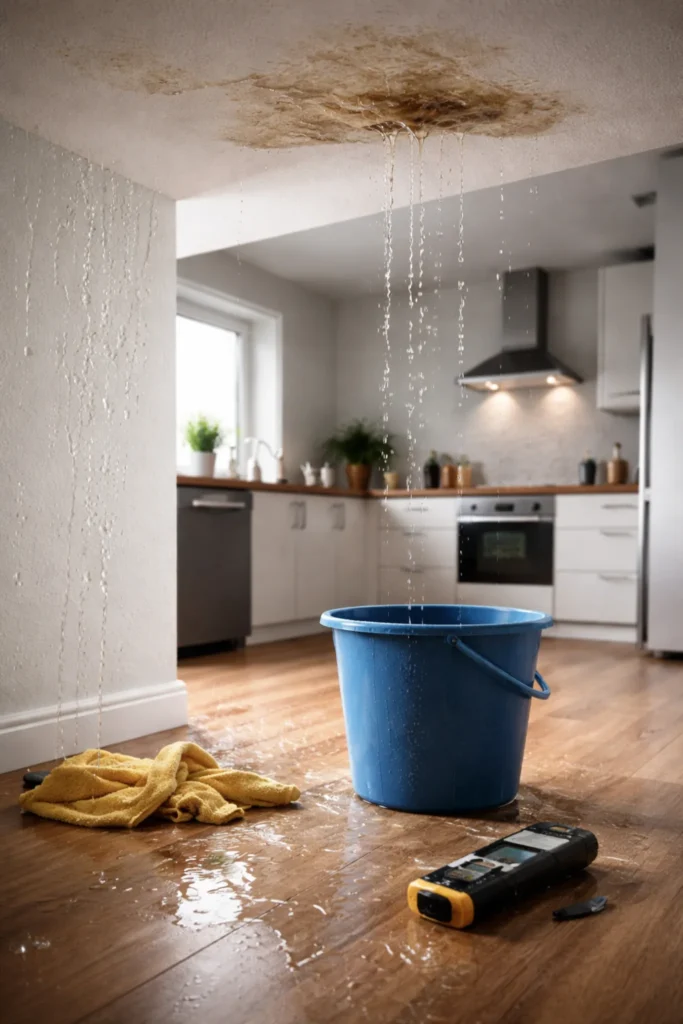 Waterlekkage aan plafond in woning in Breda met druppelend water in emmer op houten vloer