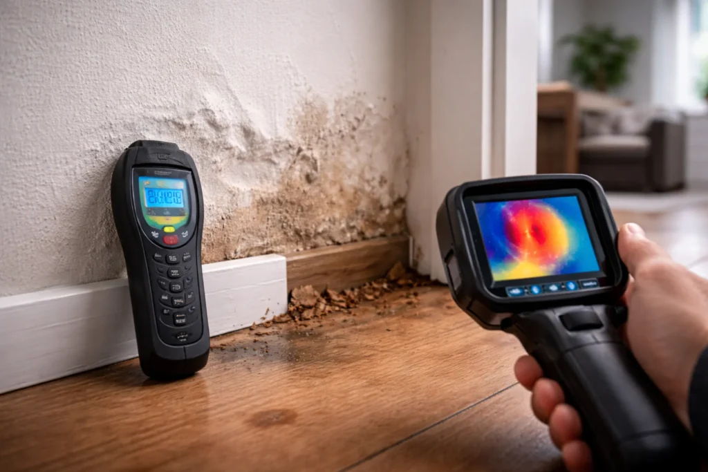 Lekdetectie bij vochtprobleem in muur met vochtmeter en thermografische camera langs plint.