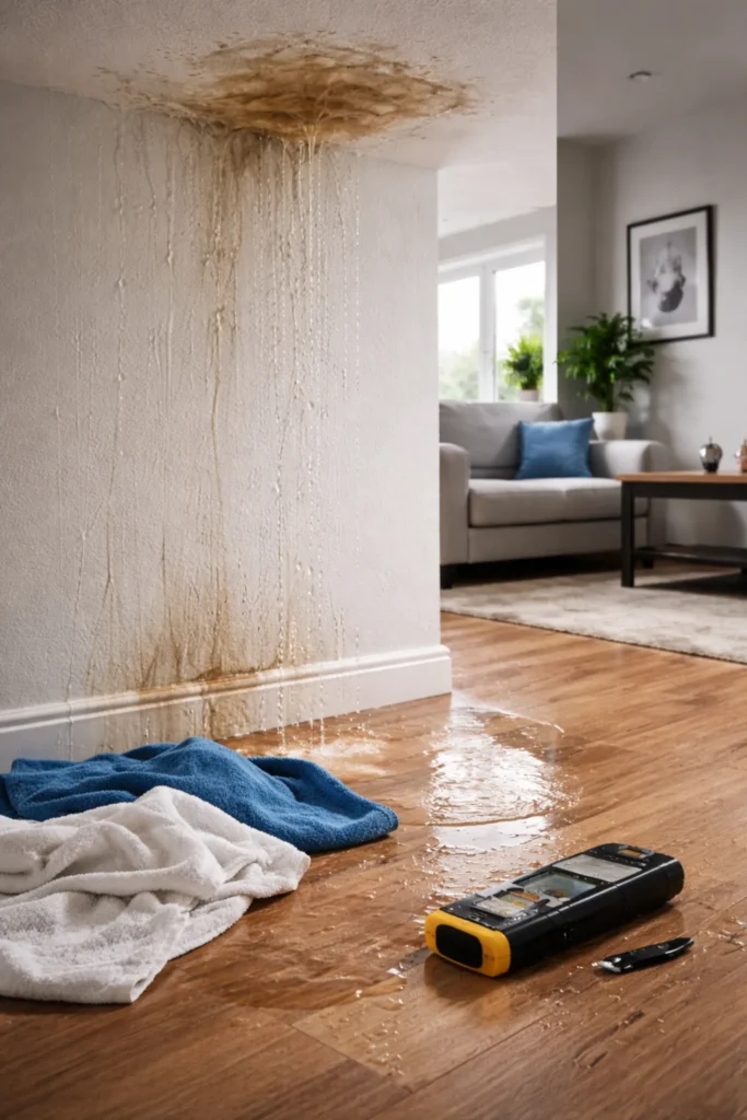 Waterlekkage langs muur en plafond in woning in Dordrecht met natte vloer en zichtbare vochtsporen