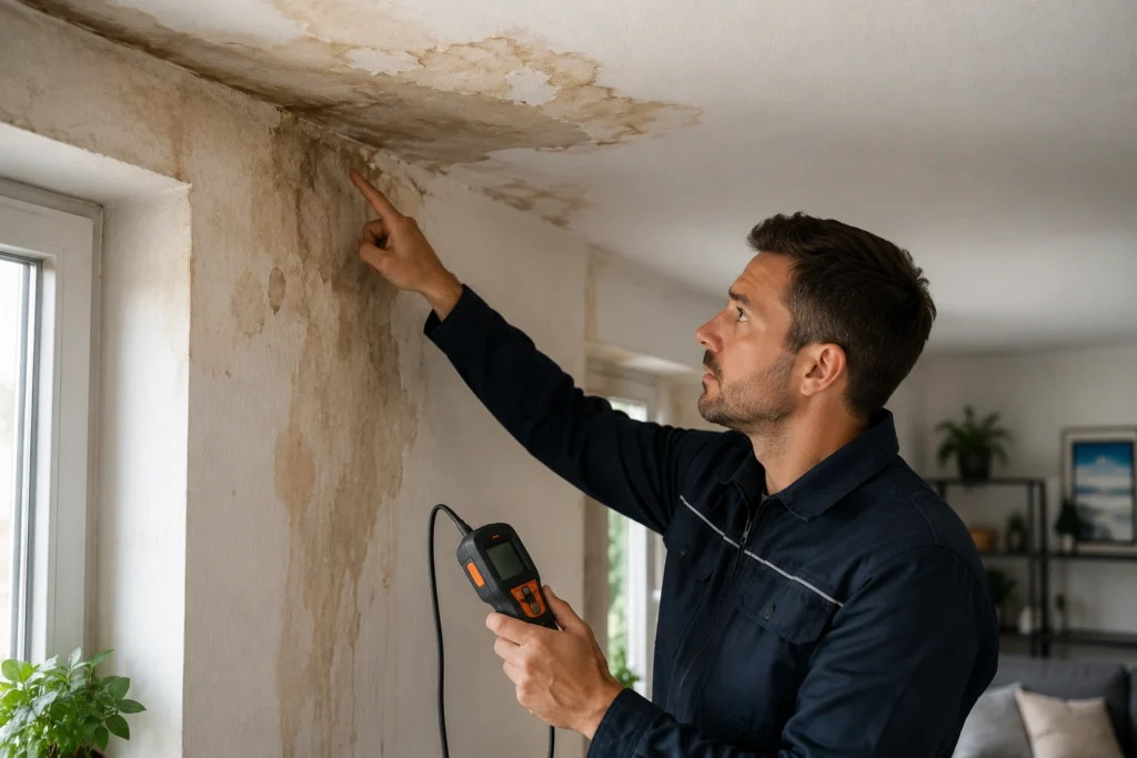 Lekkage in plafond met water dat druppelt in emmer op vloer