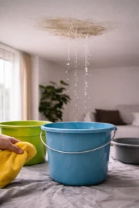 Lekkend plafond met water dat in een emmer druppelt