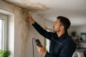 Monteur onderzoekt vocht- en lekkageschade aan een plafond en muur met professionele meetapparatuur.