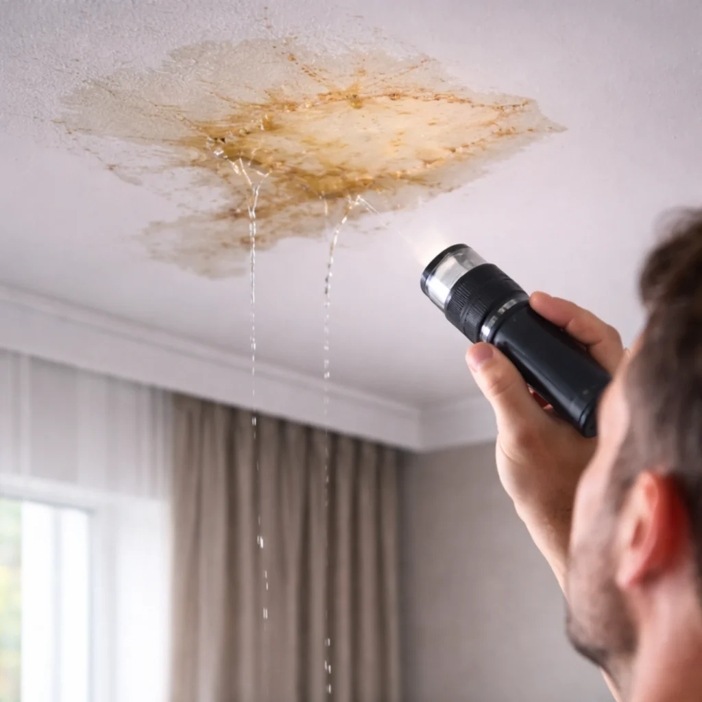 Water leaking from a stained ceiling while a person inspects the moisture damage with a flashlight.