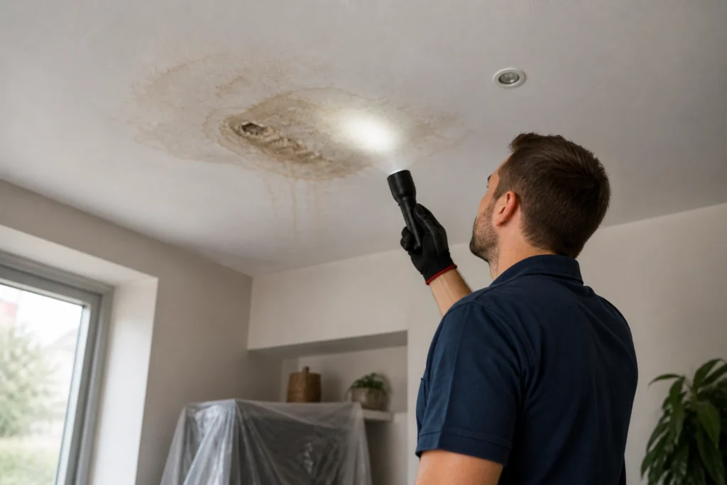 Monteur inspecteert lekkageplek in plafond met zaklamp in moderne woning