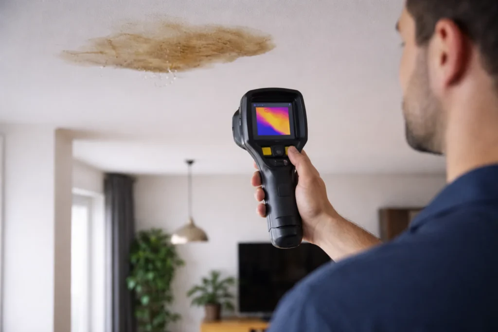 Vochtplek en loslatende verf bij plint als teken van beginnende lekkage in woning