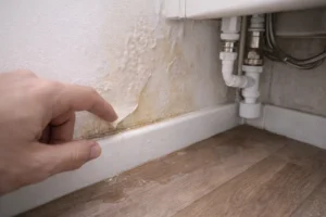 Vochtplek en loslatende verf bij plint als teken van beginnende lekkage in woning