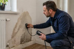 Vakman meet vocht in een beschadigde muur om de oorzaak van lekkage te achterhalen
