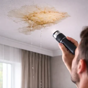 Water leaking from a stained ceiling while a person inspects the moisture damage with a flashlight.
