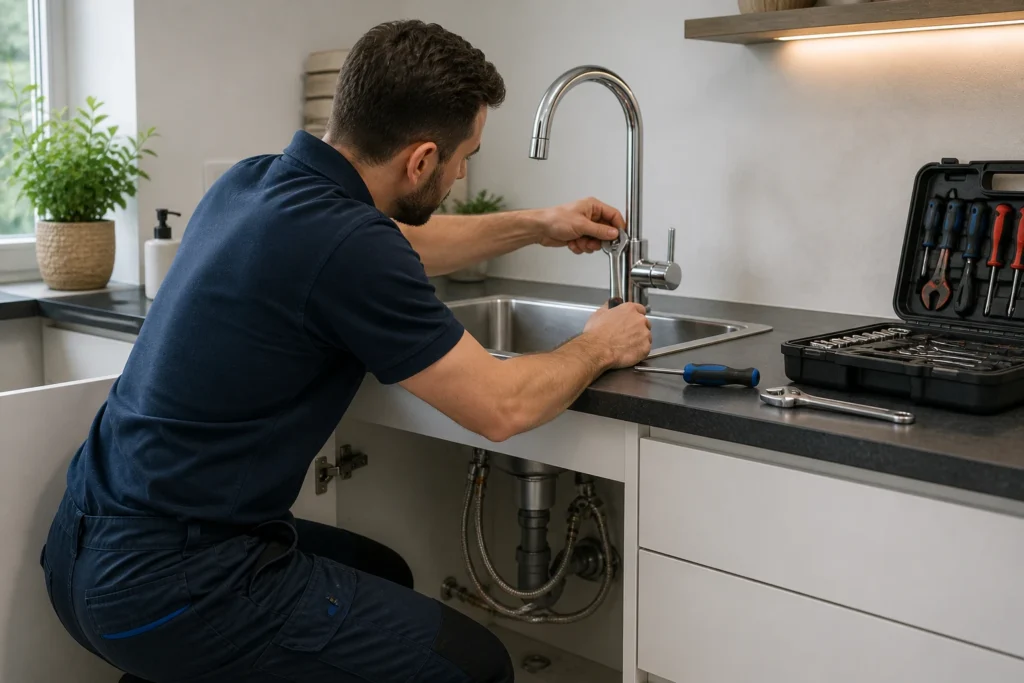 Loodgieter vervangt keukenkraan onder moderne spoelbak met gereedschap