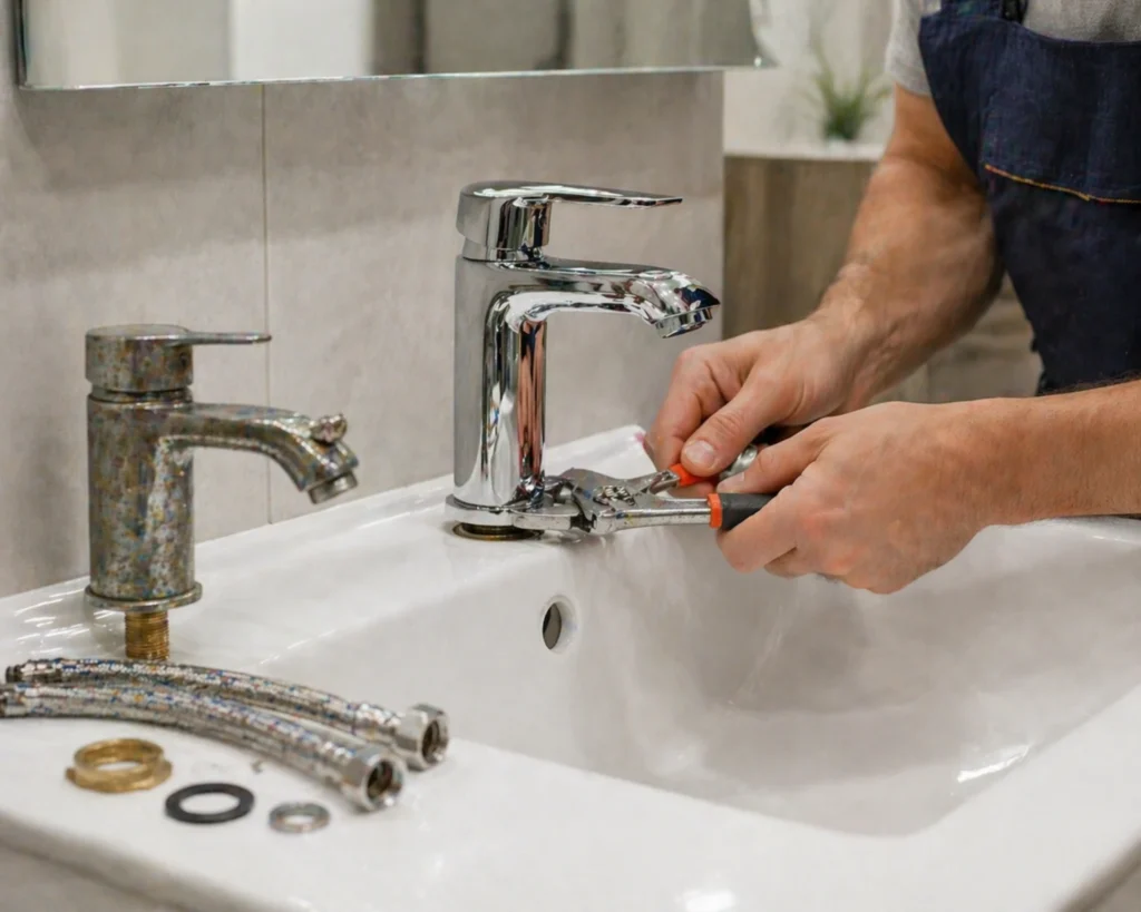 Loodgieter vervangt een kraan op een wastafel met gereedschap in een moderne badkamer