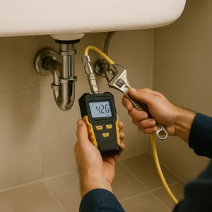 Monteur controleert de waterdruk onder een wastafel met een digitale meter en een moersleutel.