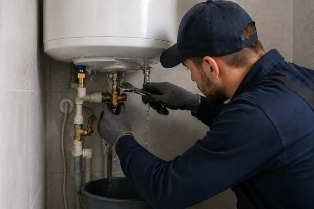 Loodgieter repareert een lekkende boiler met wateropvang onder het toestel