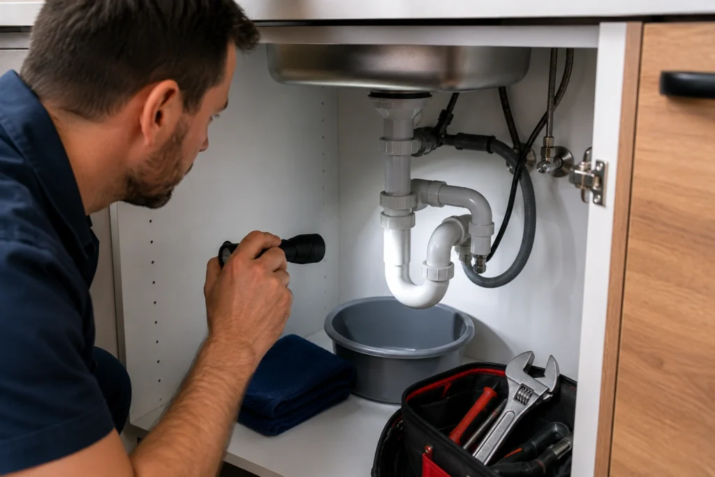 Loodgieter inspecteert een afvoer en sifon onder een keukenaanrecht bij een borrelende afvoer in de keuken.