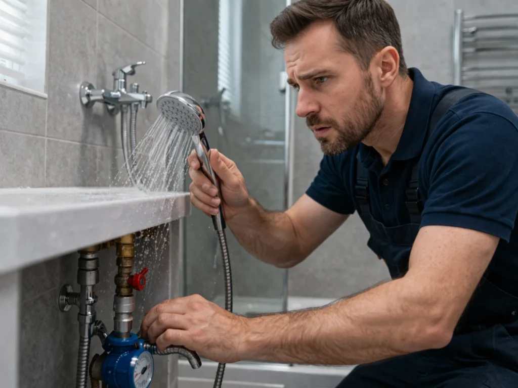 Loodgieter controleert waterdruk bij douche en leidingen in badkamer