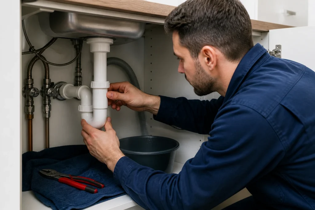Professional plumber in Dordrecht inspecting and adjusting copper water pipes inside a tiled wall installation system.