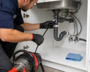 Loodgieter ontstopt een afvoer onder de gootsteen met professioneel gereedschap