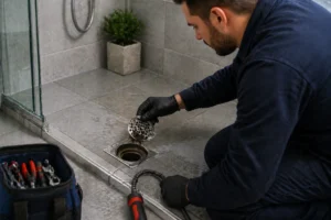 Loodgieter verwijdert vuil uit een verstopte doucheput in een moderne badkamer