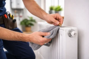 Loodgieter controleert lekkende sifon onder gootsteen met gereedschap en opvangbak