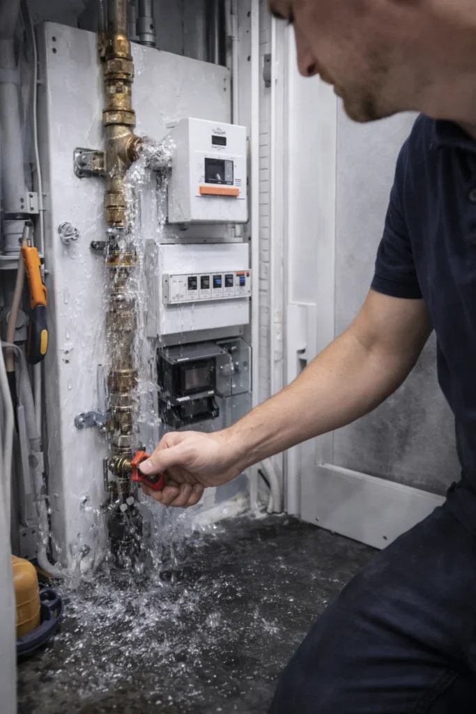 Loodgieter sluit de hoofdkraan af bij een lekkage in de meterkast met stromend water