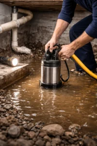 Loodgieter pompt water weg uit een natte kruipruimte met een dompelpomp om wateroverlast te verhelpen