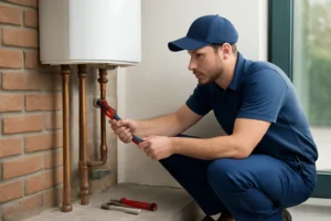 Loodgieter ontstopt een doucheputje in een moderne badkamer met professioneel ontstoppingsgereedschap.