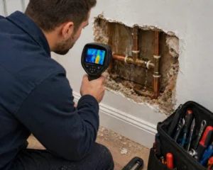 Loodgieter spoort lekkage op in een muur met thermische camera bij zichtbare waterleiding