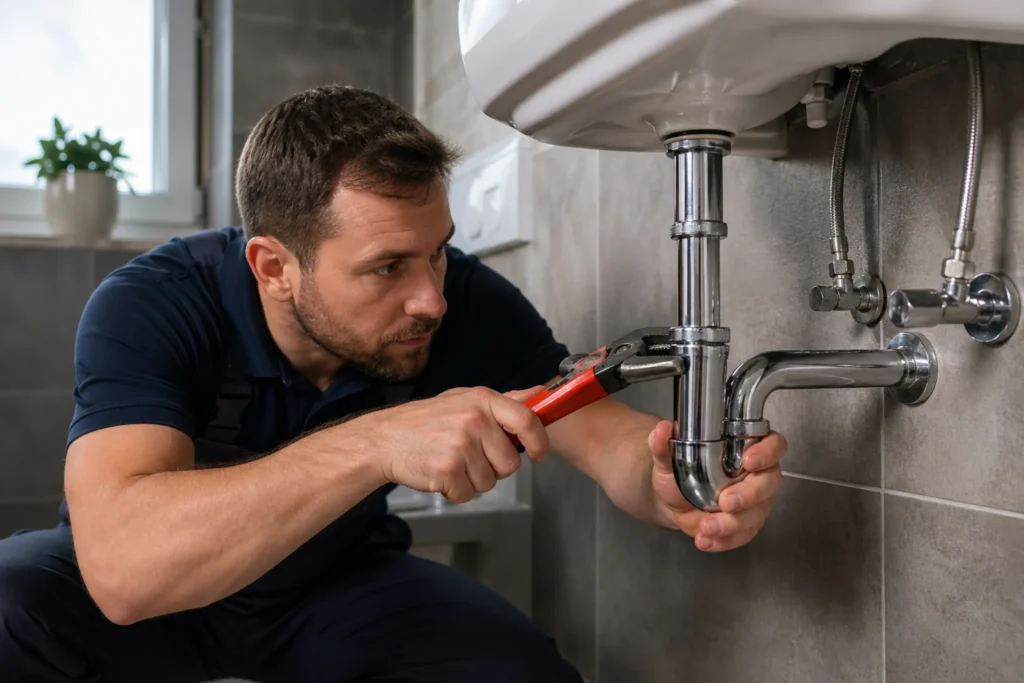 Loodgieter repareert leiding onder wastafel met gereedschap in moderne badkamer