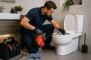 Loodgieter ontstopt toilet met ontstoppingsveer in moderne badkamer