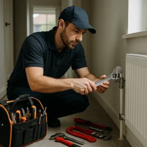 Een loodgieter aan het werk in een moderne woning, bezig met het aandraaien van een leiding met professioneel gereedschap.