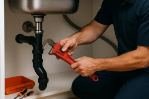 Loodgieter in Breda repareert sifon onder keukenspoelbak, witte servicebus en Bredase woningen buiten zichtbaar.