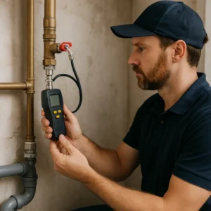 Loodgieter inspecteert radiatorklep bij duurzame installatie