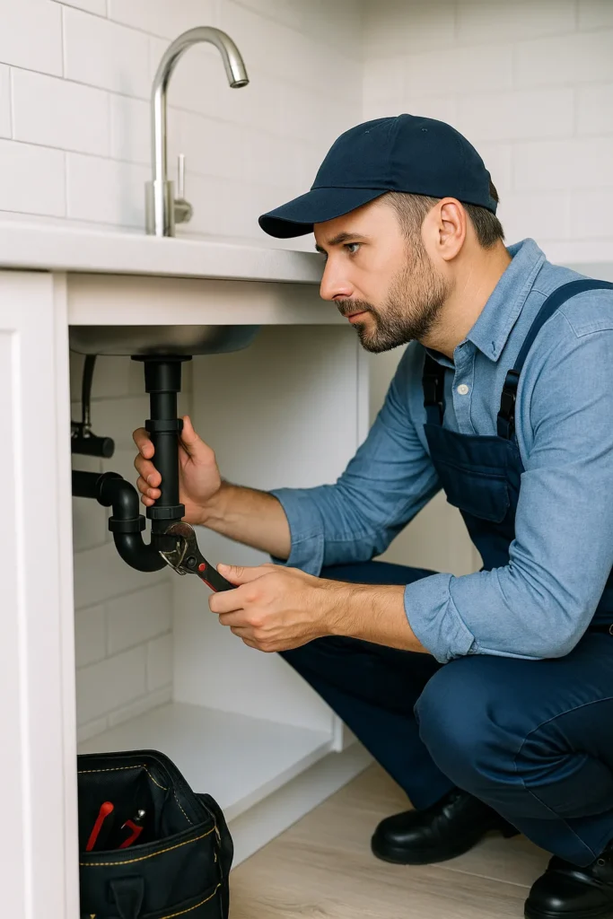 Plumber in blauwe overall repareert pvc-afvoer onder keuken­wasbak; realistische foto zonder zichtbare tekst