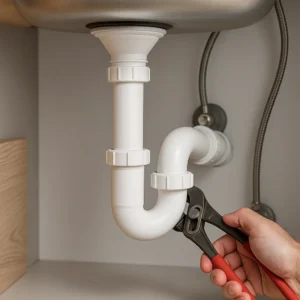 Loodgieter werkt geconcentreerd aan een P-trap onder een witte wasbak met rode tangen.