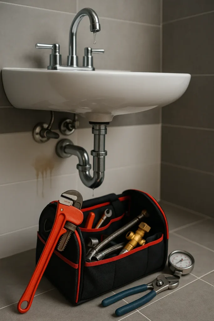 Loodgietersgereedschap en een lekkende wasbak in moderne badkamer als metafoor voor preventief onderhoud
